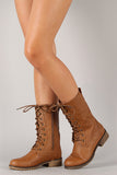 Round Toe Lace Up Mid Calf Combat Boot