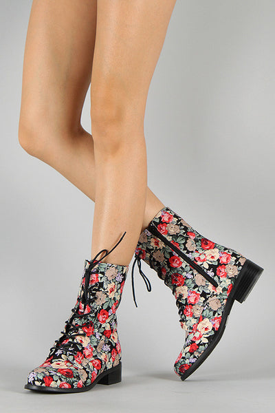 Wild Diva Madrid-10 Floral Lace Up Mid Calf Boot