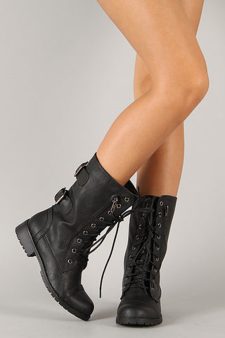 Zipper Round Toe Military Lace Up Boot