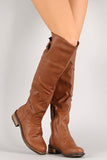 Distressed Buckle Round Toe Riding Knee High Boot