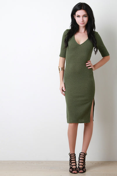 Solid Ribbed V-Neck Dress