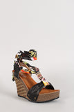 Leatherette Floral Chiffon Ankle Tie Woven Wedge Platform