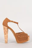 Bamboo Nubuck Perforated T-Strap Cork Platform Heel