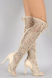 Strappy Woven Lace Up Peep Toe Stiletto Thigh High Boot