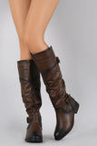 Crinkled Double Buckle Slouchy Riding Knee High Boot