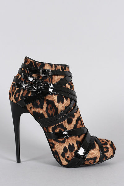 Liliana Leopard Buckle Strappy Almond Toe Stiletto Heeled Booties