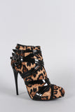 Liliana Leopard Buckle Strappy Almond Toe Stiletto Heeled Booties