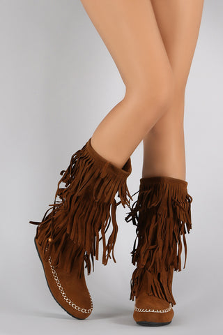 Suede Triple Fringe Round Toe Moccasin Mid Calf Flat Boot