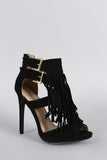 Qupid Double Buckle Falling Fringe Peep Toe Heel