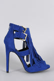 Qupid Double Buckle Falling Fringe Peep Toe Heel