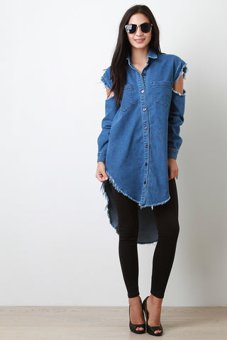 Cold Shoulder High Low Denim Top