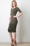 Plus Size Ruched Elbow-Sleeves Midi Bodycon Dress