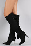 Qupid Suede Tassel Fringe Pointy Toe Stiletto Heeled Knee High Boot