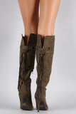 Qupid Suede Tassel Fringe Pointy Toe Stiletto Heeled Knee High Boot