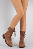 Zipper Buckle Round Toe Combat Lace Up Mid Calf Boot