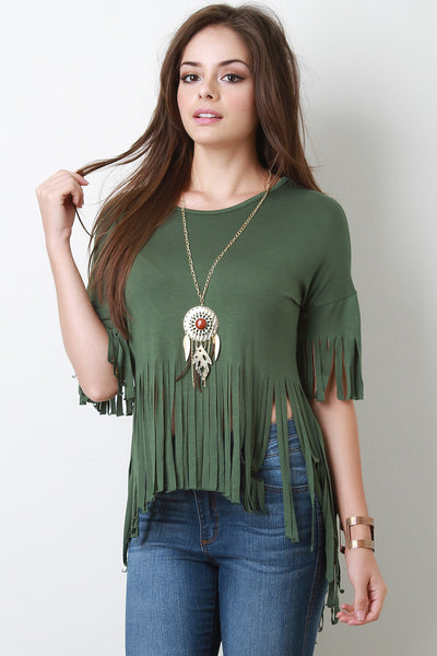 Boho Necklace Fringe Cut High Low Short Sleeves Tee