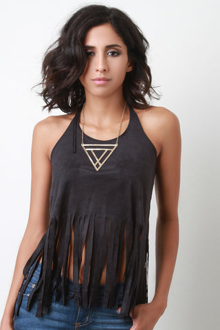 Suede Fringe Open Back Halter Sleeveless Top