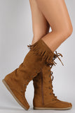 Soda Suede Fringe Round Toe Lace Up Moccasin Flat Boots