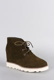 Dollhouse Suede Round Toe Lace Up Desert Wedge Booties