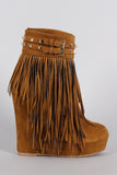 Studded Suede Chain Fringe Platform Wedge Bootie