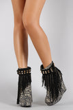 Tribal Studded Suede Chain Fringe Platform Wedge Bootie