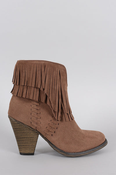 Suede Asymmetrical Fringe Chunky Stacked Heeled Ankle Boots