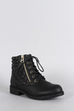 Quilted Zipper Trim Round Toe Lace Up Combat Ankle Boots