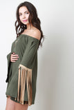 Off Shoulder Suede Contrast Fringe Long Bell Sleeves Top