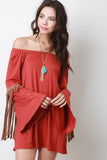 Off Shoulder Suede Contrast Fringe Long Bell Sleeves Top