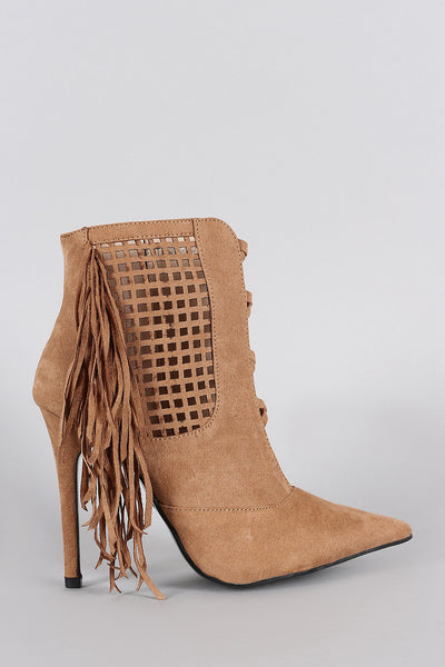 Suede Perforated Fringe Pointy Toe Stiletto Booties