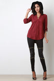 Suede Split V-Neck Long Sleeves Top