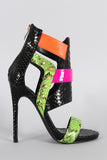 Colorblock Strappy Spiked Snake Embossed Open Toe Stiletto Heel