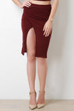 Side Slanted Slit Ribbed Midi Skirt