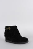 Bamboo Buckle Fringe Moccasin Hidden Wedge Booties