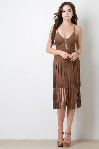 Faux Suede Fringe Skirt Mini Dress