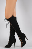 Suede Corset Lace Up Peep Toe Stiletto Knee High Boots