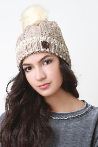 Button And Fur Pom Pom Ridged Knit Beanie