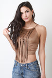 Vegan Suede Fringe Sleeveless Crop Top