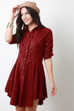 Suede Long Sleeves Button-Up Flared Dress