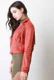 Zipped Up Suede Fringe Long Sleeves Jacket