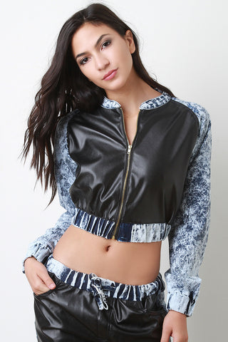 Denim Acid Wash Leather Panels Crop Jacket