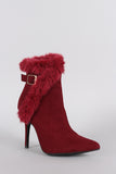 Anne Michelle Buckle Faux Fur Collar Pointy Toe Stiletto Ankle Boots