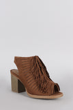 Soda Suede Fringe Peep Toe Mule Chunky Heel