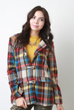 Toggle Closure Plaid Print Long Sleeves Hoodie Jacket