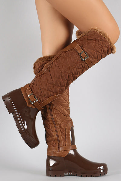 Fur Cuff Quilted Puffer Buckled Knee High Rain Boots