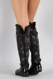 Fur Cuff Camouflage Quilted Puffer Buckled Knee High Rain Boots