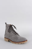 Qupid Suede Lug Sole Round Toe Lace Up Combat Ankle Boots