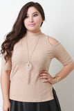 Necklace Ribbed Cold Shoulders Mock Neck Top