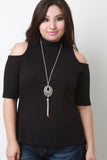 Necklace Ribbed Cold Shoulders Mock Neck Top