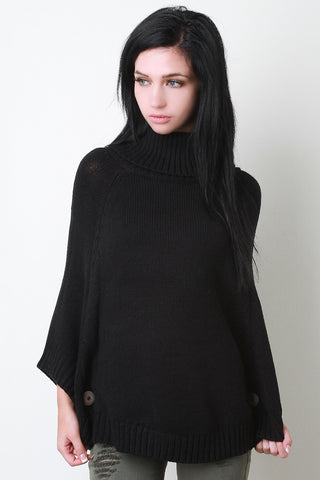 Button Ribbed Knit Turtleneck Poncho